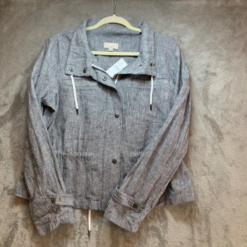 LOFT Womens Grey White Stripe Zip Cinch Waist Utility Jacket Medium NWT
